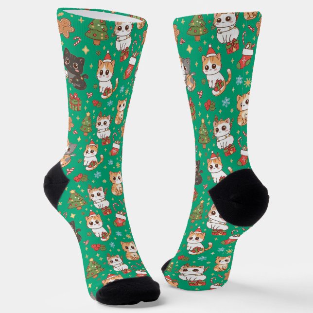 Kawaii Christmas Cats Holiday Pattern Crew Socks (Angled)