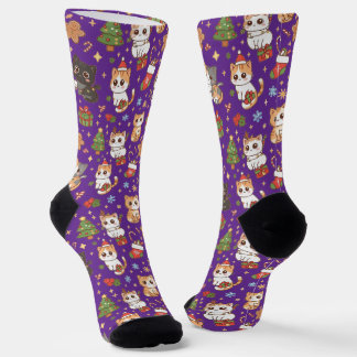 Kawaii Christmas Cats Holiday Pattern Crew Socks