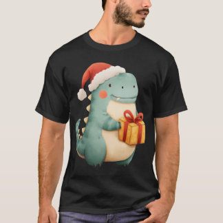 Kawaii Christmas Dinosaur with Gift Cute Santa Din T-Shirt
