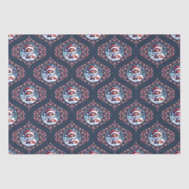 Kawaii Christmas Fox Dot Mandala Ogee Damask Tissue Paper (Front)