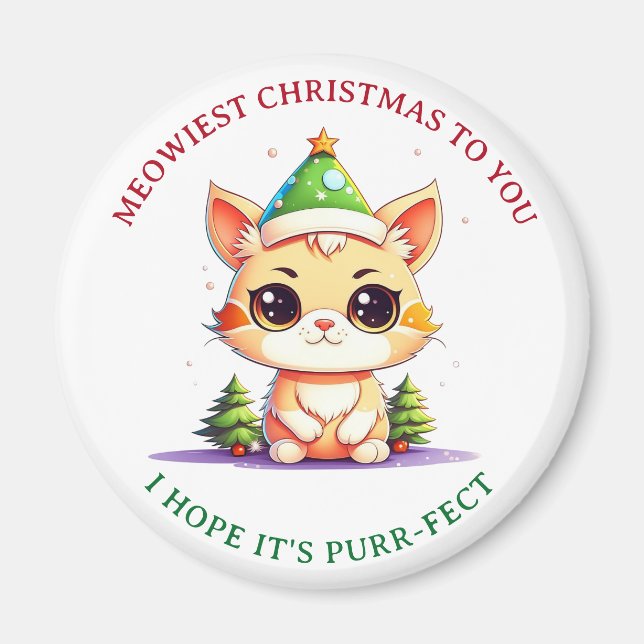 Kawaii Christmas Kitten Holiday Cat Pun Magnet (Front)