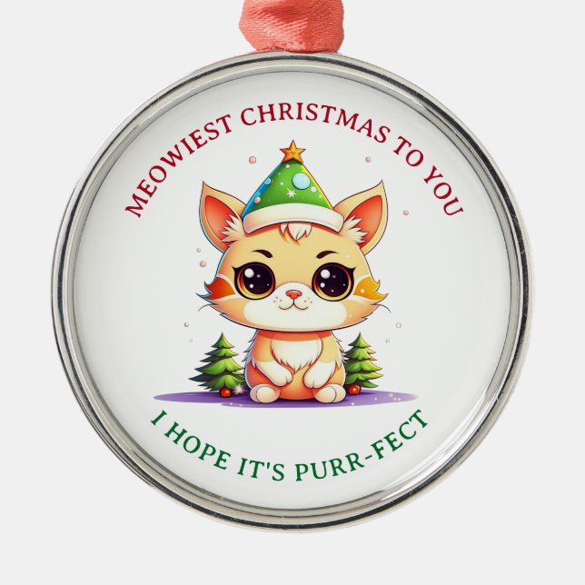 Kawaii Christmas Kitten Holiday Cat Pun Metal Ornament (Front)