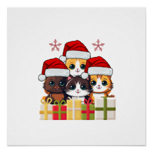 Kawaii Christmas kitten in Santa Hats T-Shirt Poster