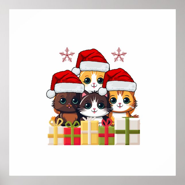 Kawaii Christmas kitten in Santa Hats T-Shirt Poster (Front)