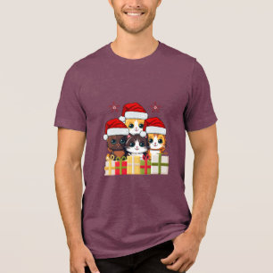 Kawaii Christmas Kittens in Santa Hats Tri-Blend Shirt