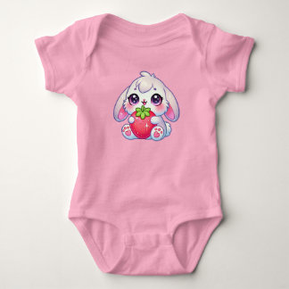 Kawaii Chubby Bunny Hugging Strawberry Baby Bodysuit