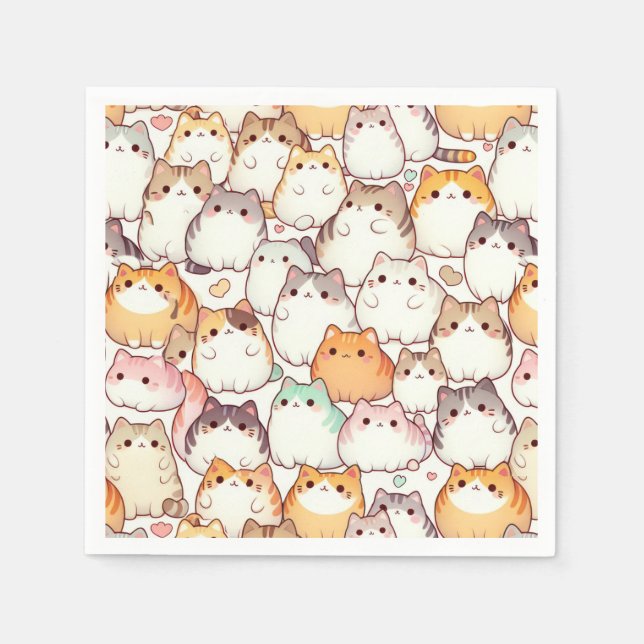 Kawaii Chubby Cartoon Cats With Hearts Napkin (Front)