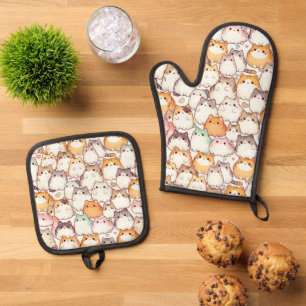 Kawaii Chubby Cartoon Cats With Hearts Oven Mitt & Pot Holder Set
