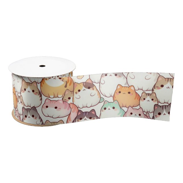 Kawaii Chubby Cartoon Cats With Hearts Satin Ribbon (Spool)