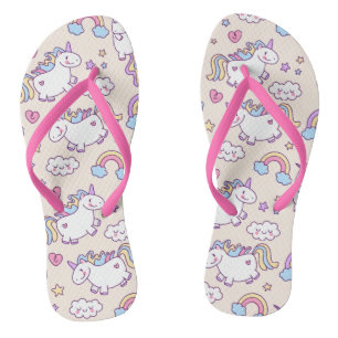 Kawaii chubby flying unicorns rainbow pattern thongs