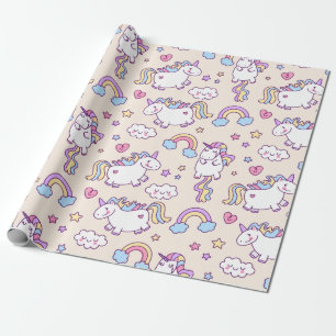 Kawaii chubby flying unicorns rainbow pattern wrapping paper