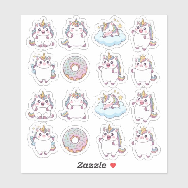 Kawaii Chubby Unicorn & Doughnut Sticker Sheet – C (Sheet)
