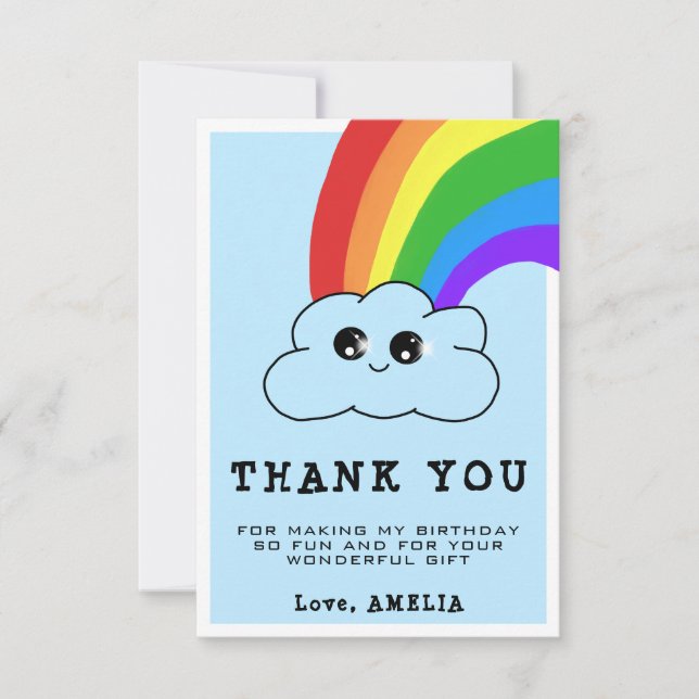 Kawaii Cloud Rainbow Kids Birthday  Thank You Card (Front)