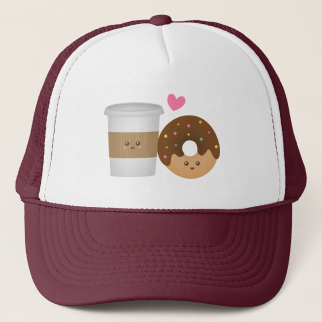 Kawaii Coffee and Doughnut in love Perfect Pair Trucker Hat (Front)