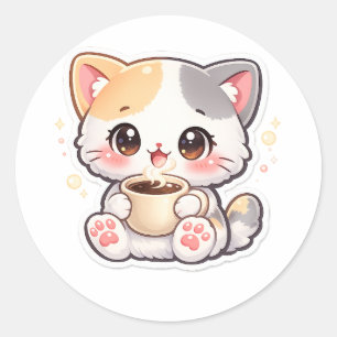 Kawaii Coffee Cat Round Stickers – Cute Kitten Pla