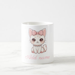 Kawaii Coquette Cat with Pink Bow Cute Feminine Coffee Mug