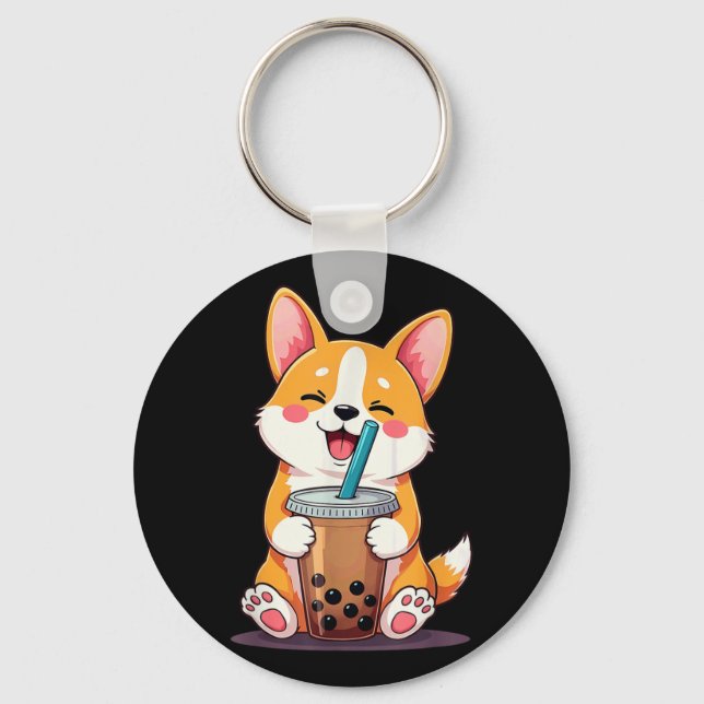 Kawaii Corgi Bubble Tea  Key Ring (Front)