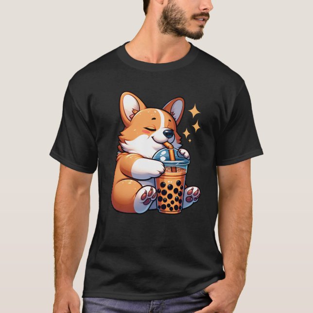 Kawaii Corgi Drink Bubble Tea Milk Tea Frenchie T-Shirt (Front)