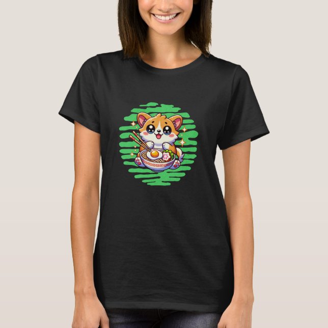 Kawaii Corgi eating bowl of Ramen T-Shirt (Front)