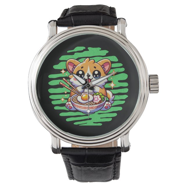 Kawaii Corgi eating bowl of Ramen Watch (Front)