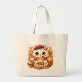 Kawaii Cosy Autumn Latte Kitty – Cute Fall Cat Large Tote Bag