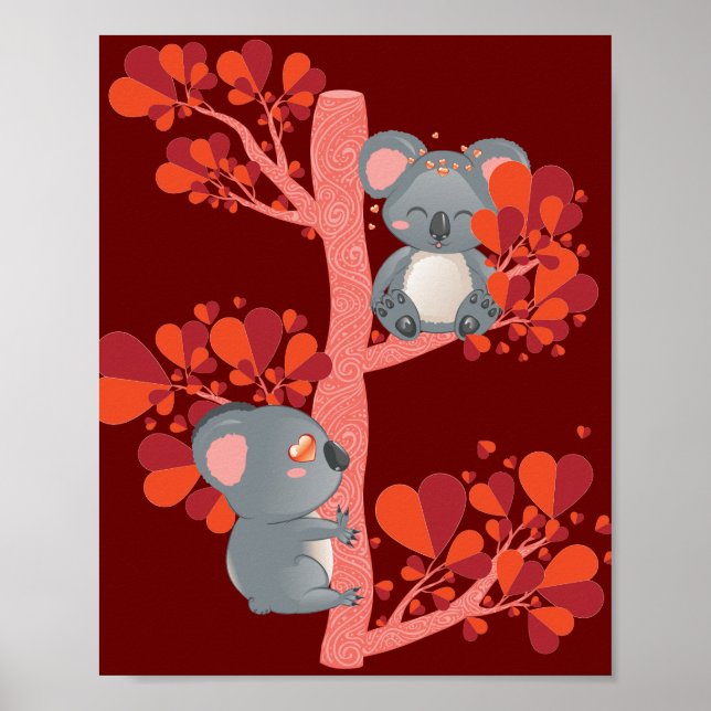 Kawaii couple of koalas with hearts tree poster (Front)