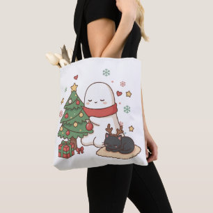 Kawaii Cozy Christmas Ghost & Reindeer Cat Tote Bag