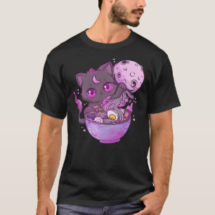 Kawaii Creepy Cat Eating Ramen Noodles Pastel Goth T-Shirt