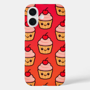 Kawaii Cupcake Grid with Smiling Faces and Cherry  iPhone 16 Case