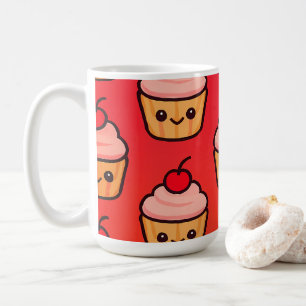 Kawaii Cupcake Grid with Smiling Faces and Cherry  Coffee Mug