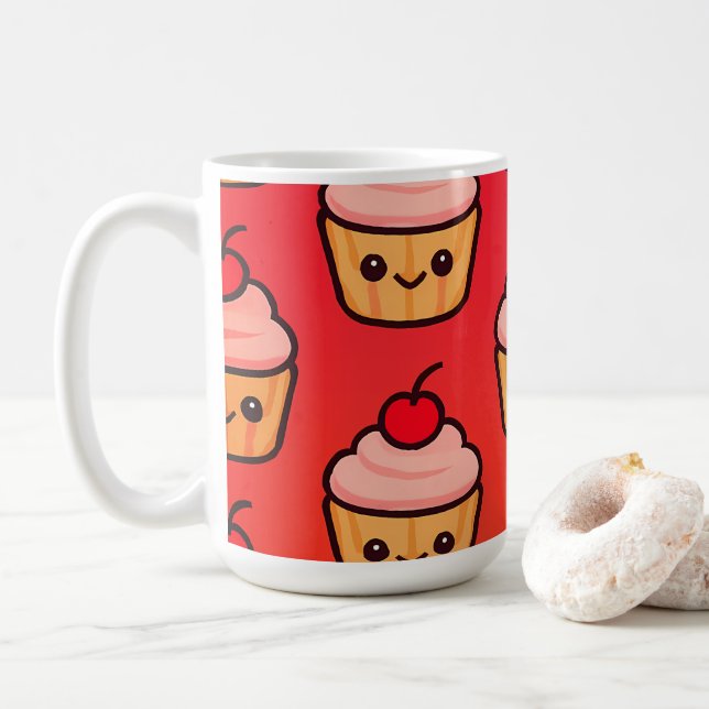 Kawaii Cupcake Grid with Smiling Faces and Cherry  Coffee Mug (With Donut)