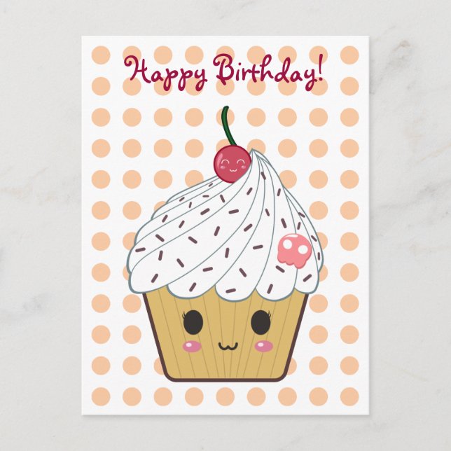 Kawaii Cupcake in Polka Dots "Happy Birthday" Postcard (Front)