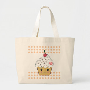 Kawaii Cupcake in Polka Dots Large Tote Bag