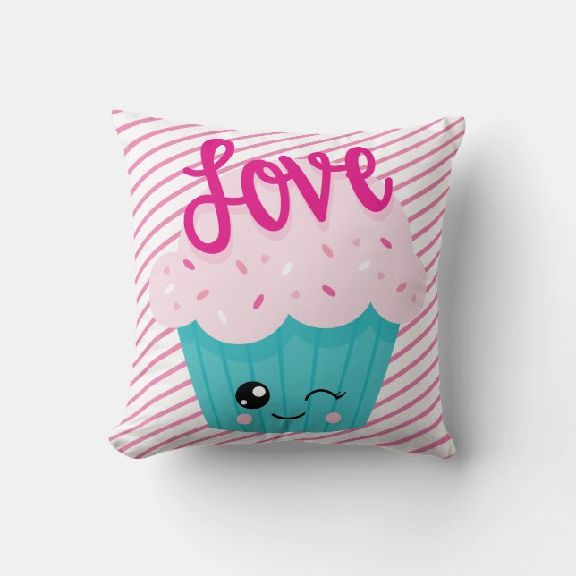 Kawaii Cupcake Love Pink Teal Stripe Cute Girly Cushion (Front)
