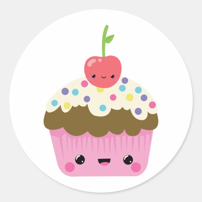Kawaii Cupcake with Cherry on Top Classic Round Sticker (Front)