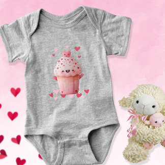 Kawaii Cupcake With Hearts Baby Bodysuit