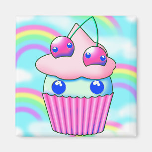 Kawaii cupcake with pink cherries magnet