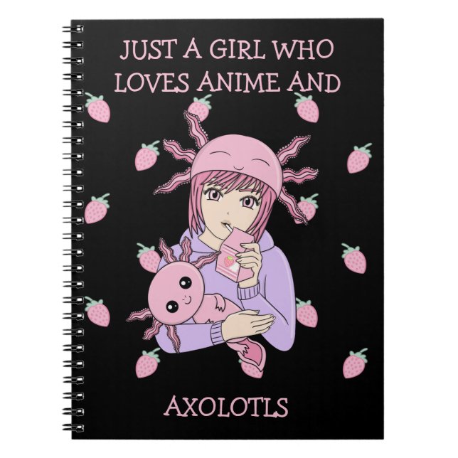 Kawaii Cute Axolotl Strawberry Milk Anime Notebook (Front)