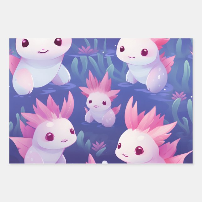 Kawaii Cute Baby Axolotls Wrapping Paper Sheet (Front)