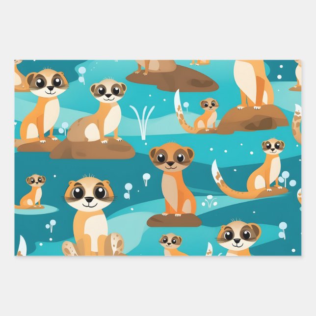 Kawaii Cute Baby Meerkats Wrapping Paper Sheet (Front)