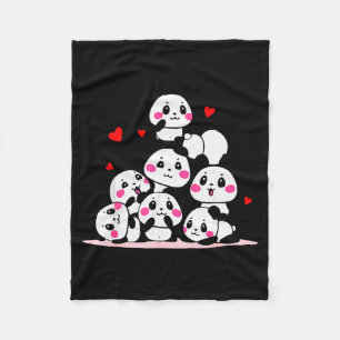 Kawaii Cute Baby Panda Pile With Red Hearts Valent Fleece Blanket
