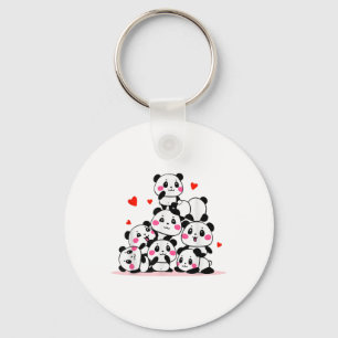 Kawaii Cute Baby Panda Pile With Red Hearts Valent Key Ring