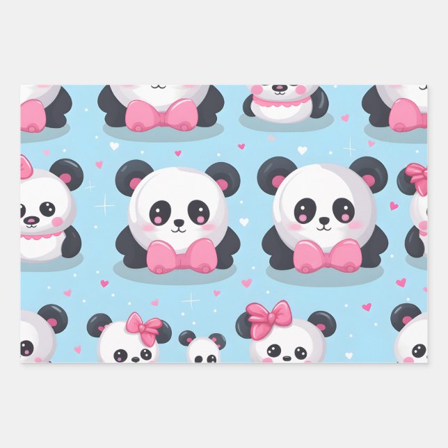 Kawaii Cute Baby Pandas Wrapping Paper Sheet (Front)