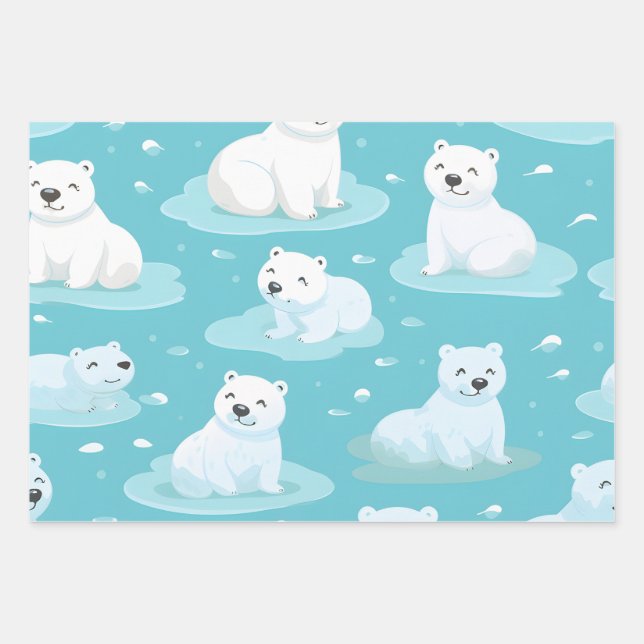 Kawaii Cute Baby Polar Bears Wrapping Paper Sheet (Front)