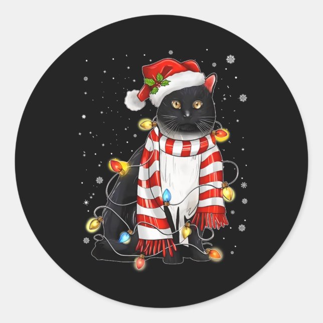 Kawaii Cute Black Cat Santa Tangled Up In Xmas Lig Classic Round Sticker (Front)
