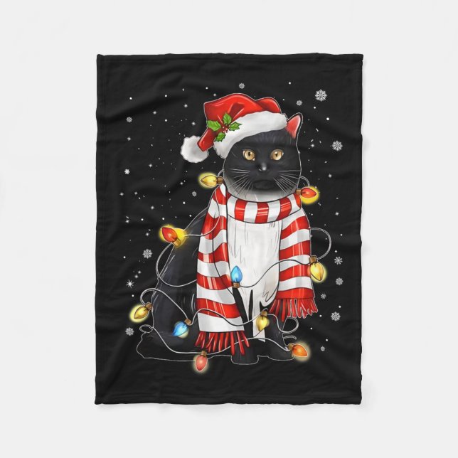 Kawaii Cute Black Cat Santa Tangled Up In Xmas Lig Fleece Blanket (Front)