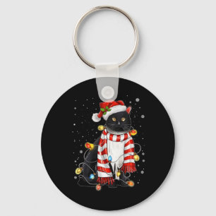 Kawaii Cute Black Cat Santa Tangled Up In Xmas Lig Key Ring