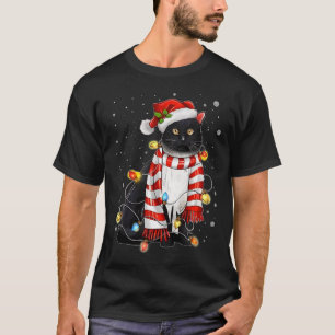 Kawaii Cute Black Cat Santa Tangled Up In Xmas Lig T-Shirt