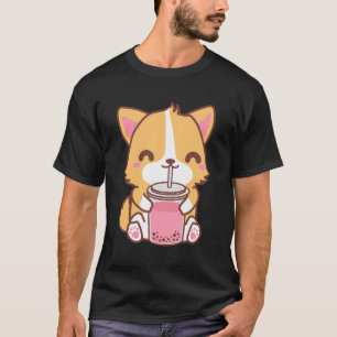 Kawaii Cute Boba Corgi Dog Strawberry Rose Bubble T-Shirt