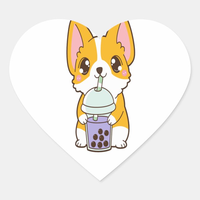 Kawaii Cute Boba Corgi Dog Taro Bubble Pearl Milk Heart Sticker (Front)
